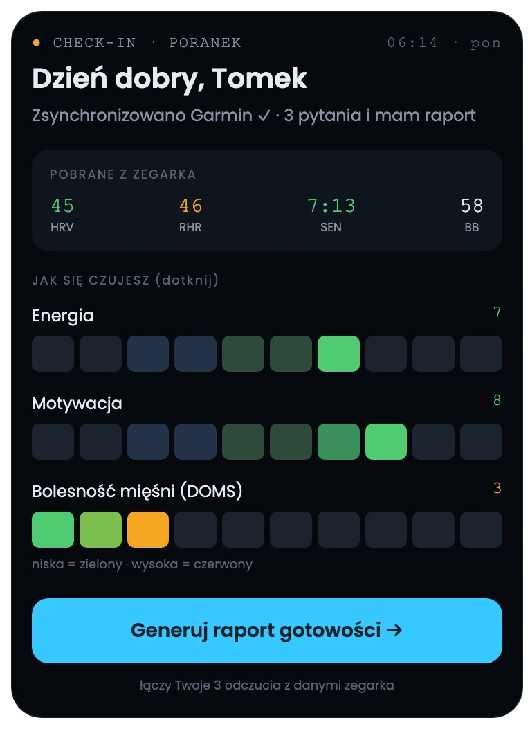 UltraFlow — poranny check-in / morning check-in: energia, motywacja, bolesność (1–10) plus HRV, RHR i sen z zegarka
