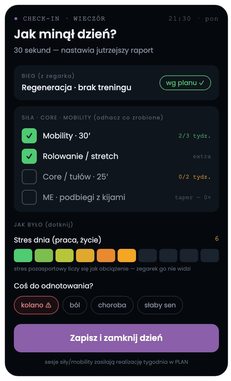 UltraFlow — wieczorny check-in / evening check-in: siła, core i mobility do odhaczenia, stres dnia i flagi kontuzji
